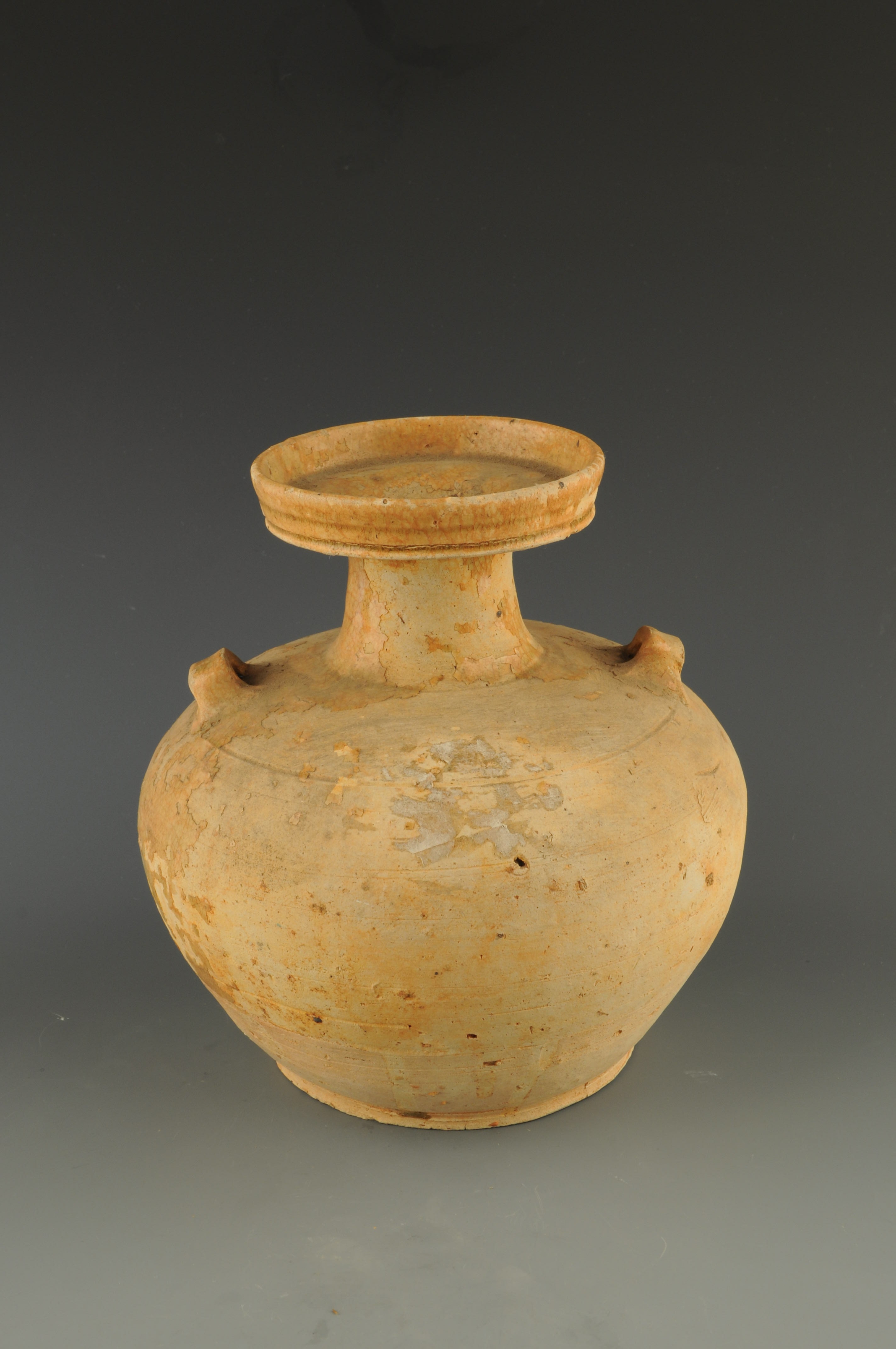 Celadon Pot Made in the Western Jin Dynasty with Plate-like Mouth and Double Bridge-like Handles